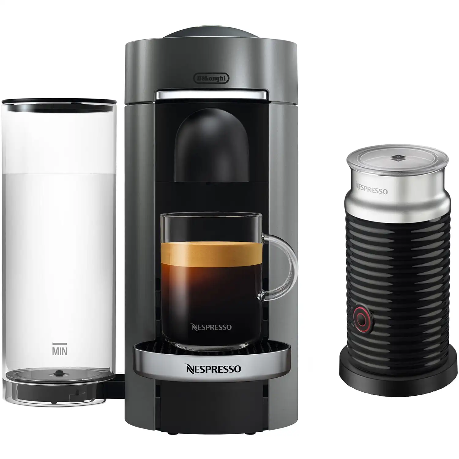 

VertuoPlus Deluxe Coffee & Espresso Single-Serve Machine in Titanium and Aeroccino Milk Frother in Black.USA.NEW