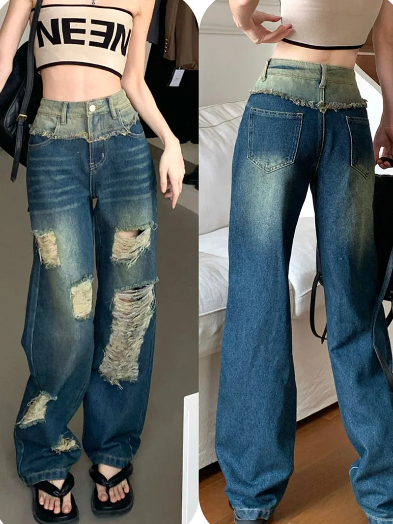 

Винтажные рваные джинсы для женщин, повседневные трендовые джинсы в американском стиле, с высокой талией, новинка 2023, Модные свободные универсальные широкие джинсы