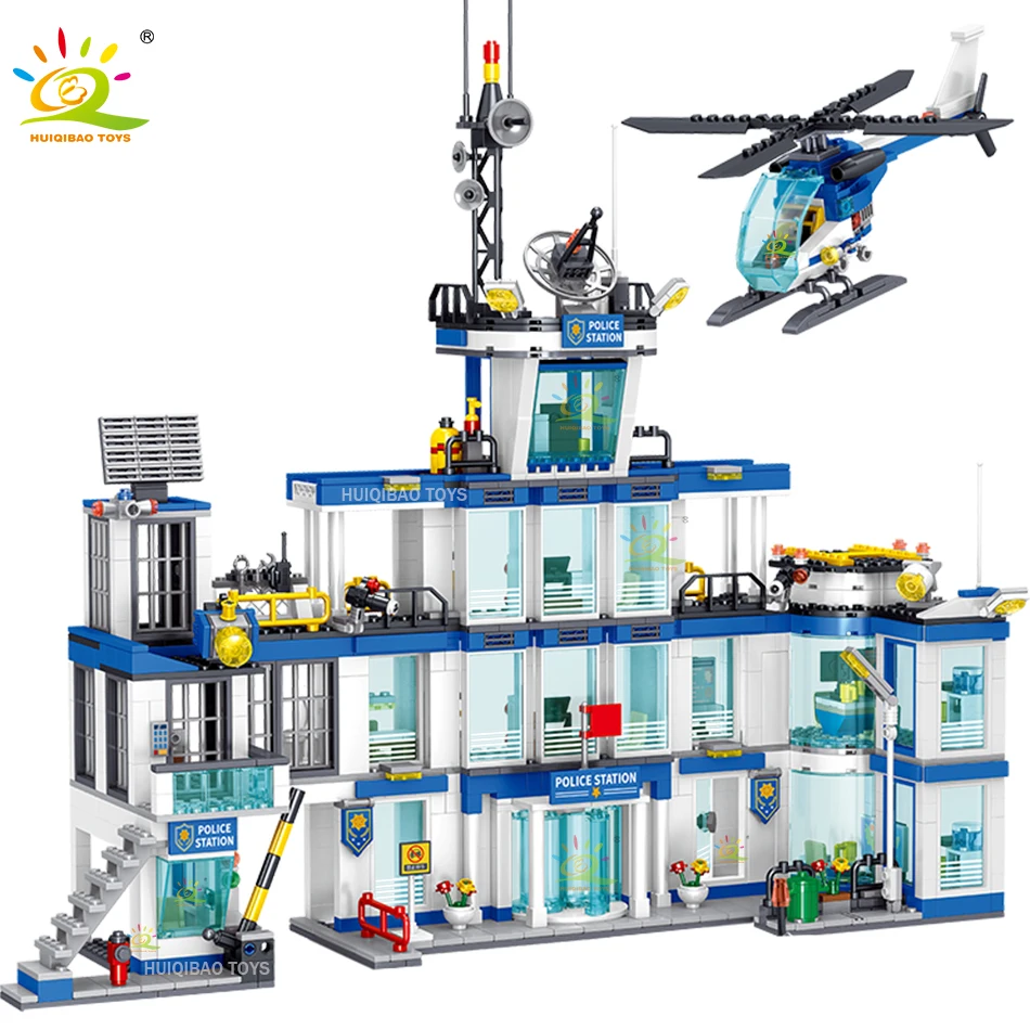 HUIQIBAO 1407 шт городской полицейский участок строительные блоки набор мальчиков DIY вертолет машины фигурки кирпичи развивающие игрушки для детей