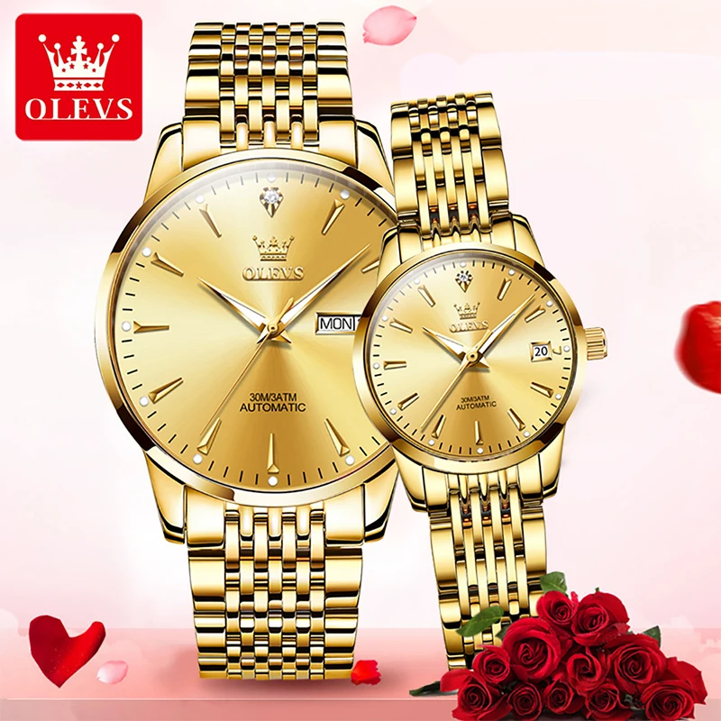 OLEVS Fashion Simple Thin Couple Watch Multifunction Calendar Week Display Automatic Waterproof Luminous Mechanical Watches 6635