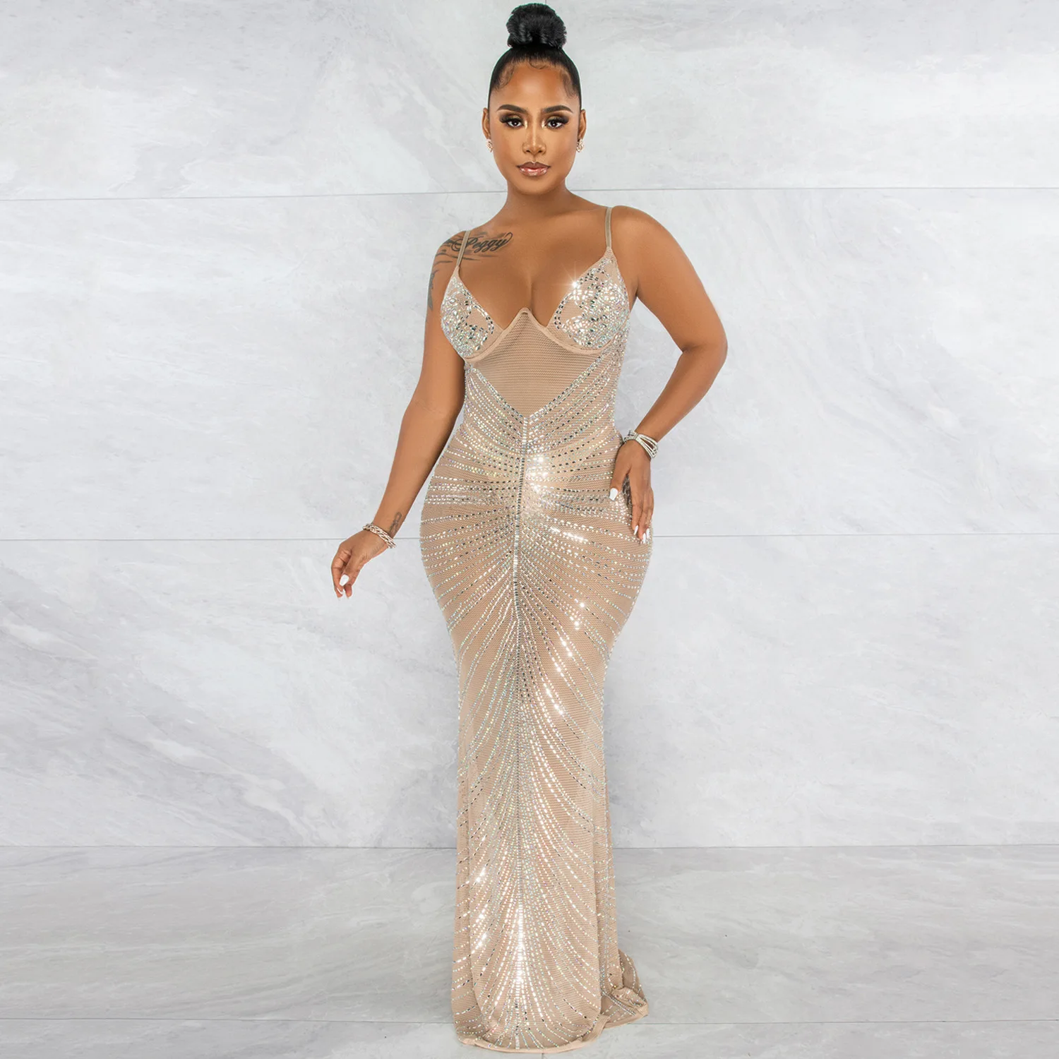 

diamond sexy sling V neck high waist wrapped chest mesh perspective sleeveless open back slim women's party tight dress