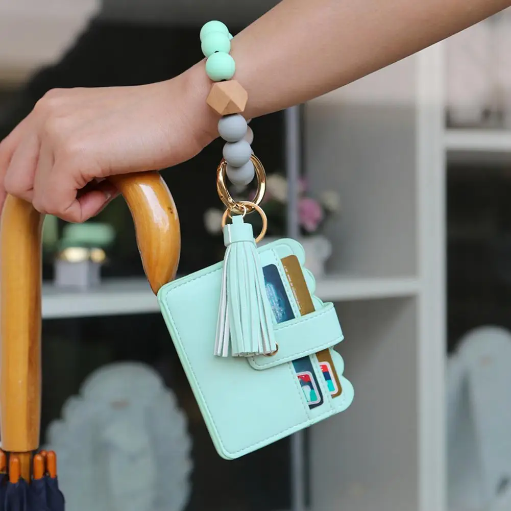 

Bracelet Wallet Silicone Beads Keychain Faux Leather Tassels Multi-slots Card Holder Snap Button Portable Women Wristlet Wallet