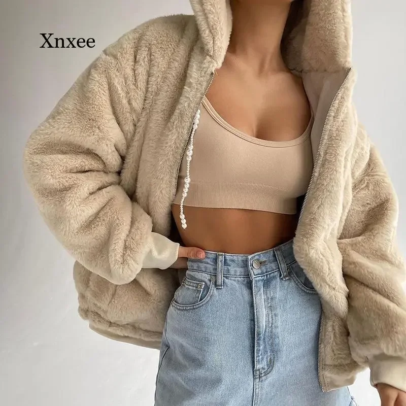 

Женское модное Свободное пальто из овечьей шерсти на осень и зиму, короткий однотонный длинный толстый топ на молнии с капюшоном