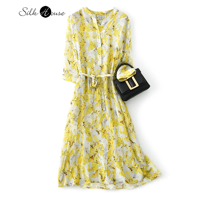 

Silk 3 / 4 Sleeve Dress Women's Fashion Dress Mulberry Silk Print Waist Slim 2022 New Party Evening Dress