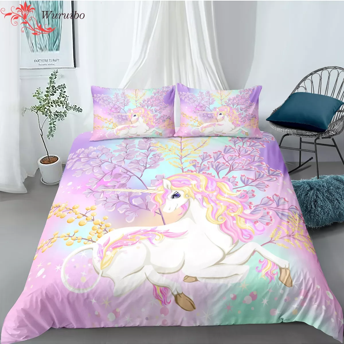 

NEW2023 Children Bedding Sets Gifts Pink Comforter Cover Unicorn Printing Duvet Cover Sets Bed Linen Girls Baby 2/3pcs