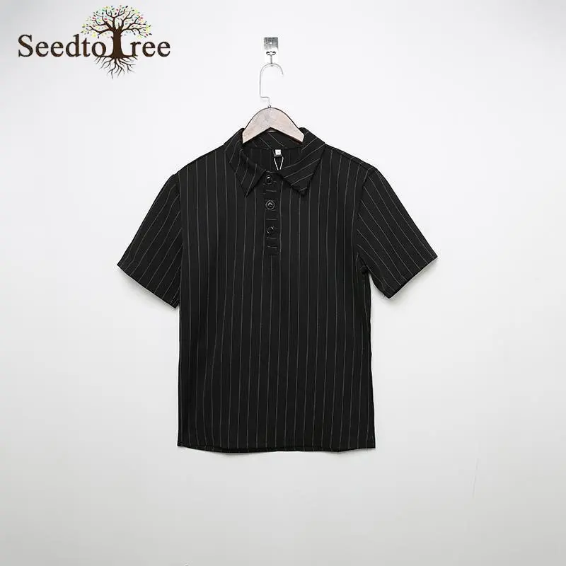 Summer Men's Set Casual Stripe Turndown Collar Short Sleeved T-shirt Elastic Waist  Shorts Two Piece Suit