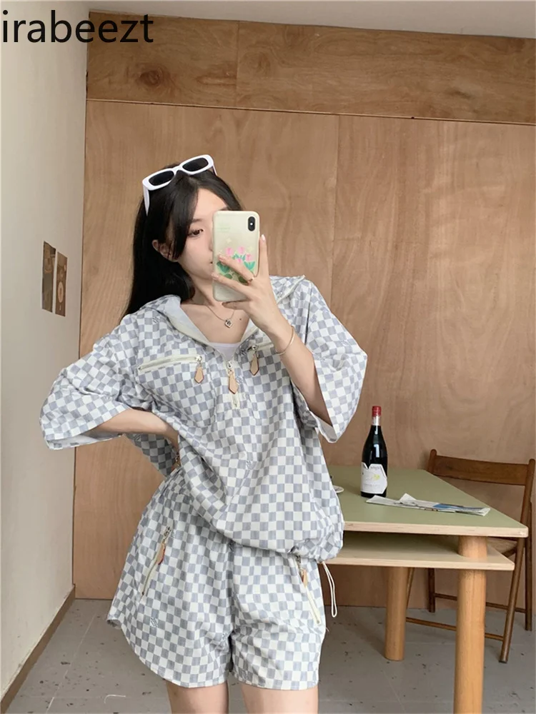

Irabeezt Vintage Checkerboard Shorts Suits Women 2022 Summer New Fashion Contrast Hooded Top Casual Loose Wide Leg Shorts Trend