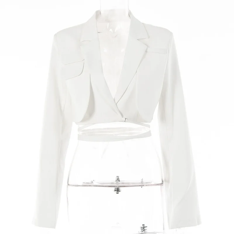 Women's 2023 Autumn New Trend Solid Color Double-layer Small Suit Sexy Long-sleeved Slim Umbilical Strap Short Blouse Suit Women