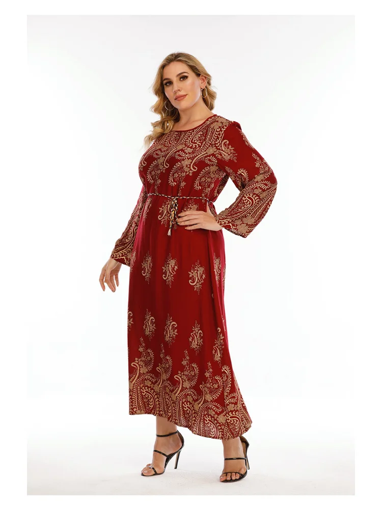 Middle East new large size long sleeve dress women's spring and autumn cashew nut print loose and slim skirt plus size dresses
