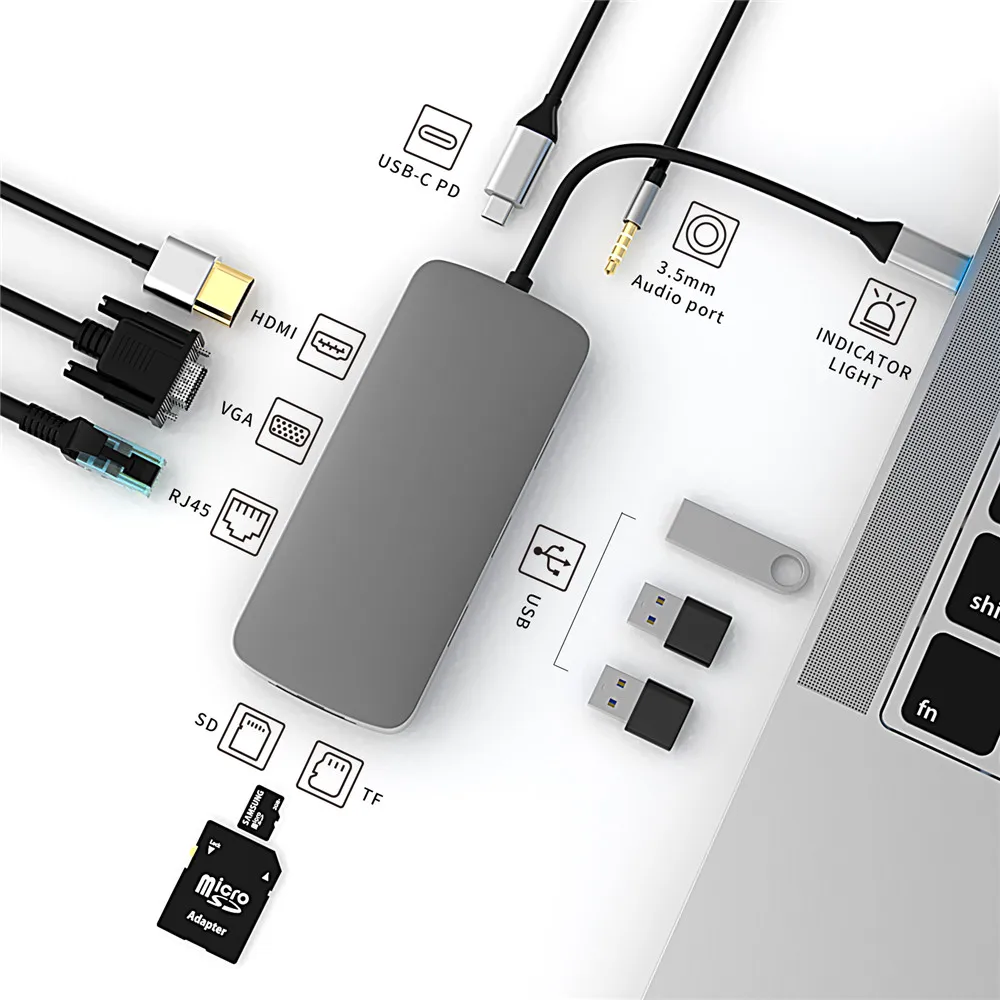 

Hub 10 In 1 Hub Multi-function Aluminium Portable For Macbook Docking Station Hub Extensions With Usb Converter 4k Vga