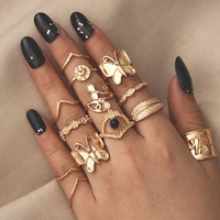 2022 new 14pcsset exaggerated rings for women butterfly elephant punk leaves black gem eye set ring luxury design accessories