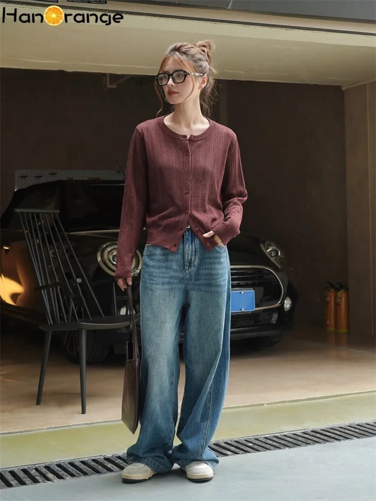 HanOrange 2024 весенний винтажный короткий вязаный кардиган женская вязаная рубашка с