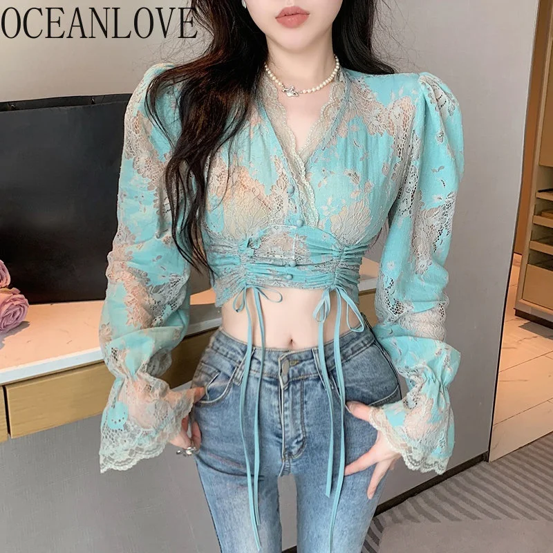 

Spring Summer Blouses Women Tops Print Pu Sleeve Lace Sexy Blusas Mujer Korean ashion Slim V Neck Short Shirts