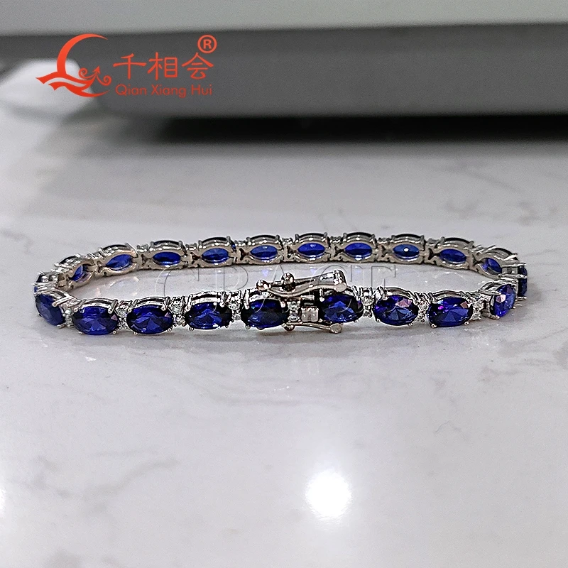 4*6mm oval shape  artifical blue color sapphire Tennis Bracelet S925 Silver white Moissanite Bracelet chain fine jewelry
