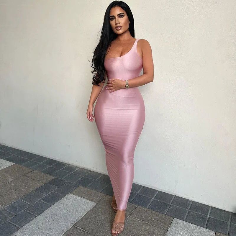 

Satin Slip Sleeveless Diagonal Collar Slim Sexy Maxi Dress 2022 Summer Women Party Y2K Concise Bodycon Elegant Clothing