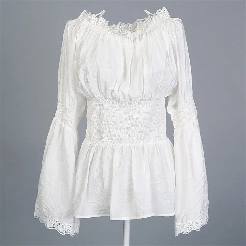 2021 New Fashion Women's Lace Cotton Linen White Skirt Elastic High Waist Retro Top Princess Hollow Lace Steampunk Gothic Dress