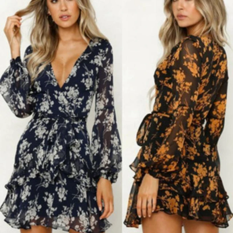

Floral Print Lantern Sleeve Shirred Ruffles Dress Women Daily Casual Midi Dress