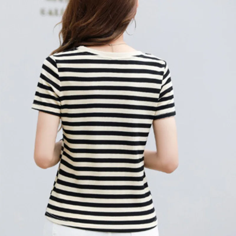 #0203 летняя полосатая футболка женская короткая с круглым вырезом коротким