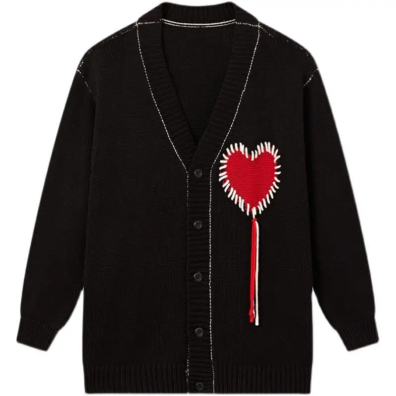 Deeptown Gothic Heart Cardigan Sweater For Women Harajuku Emo Embroidery Black Knitted Jumper Female Vintage Long Sleeve Jackets images - 6