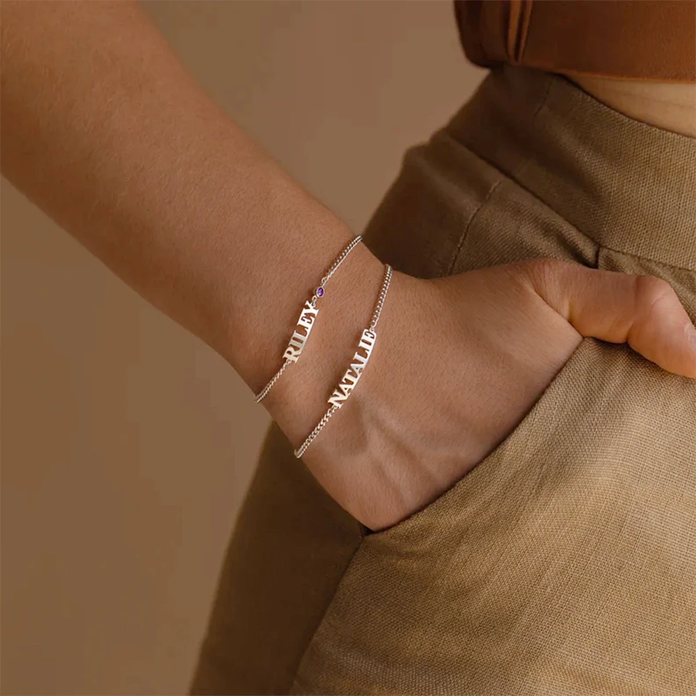 Custom Name Bracelet Women Stainless Steel Jewelry Personalized Cuban Chain Couple Bracelet with Birthstone Valentine's Day Gift
