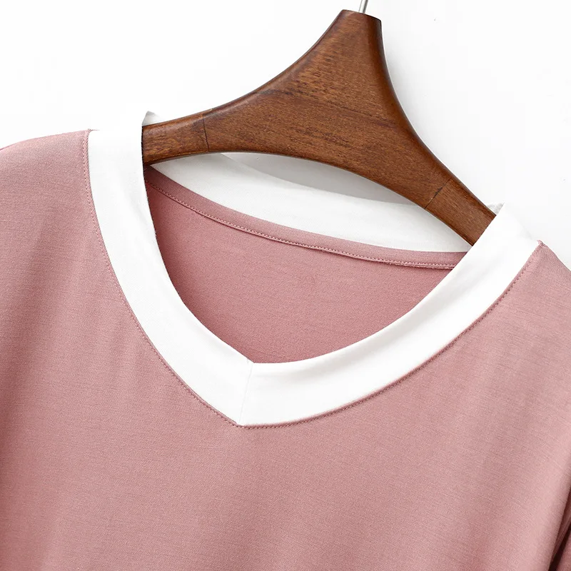 Modal Women Pajamas Set Pyjamas Spring New V Neck Contrasting Colors Half Sleeve Printing Casual Fit Loose Outdoor Nightclothing