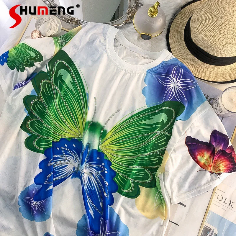 

European Rhinestone Butterfly Short-Sleeved O-neck T-shirt Women's 2022 Summer Fashion Loose Lazy Style Casual Printed Top Tees