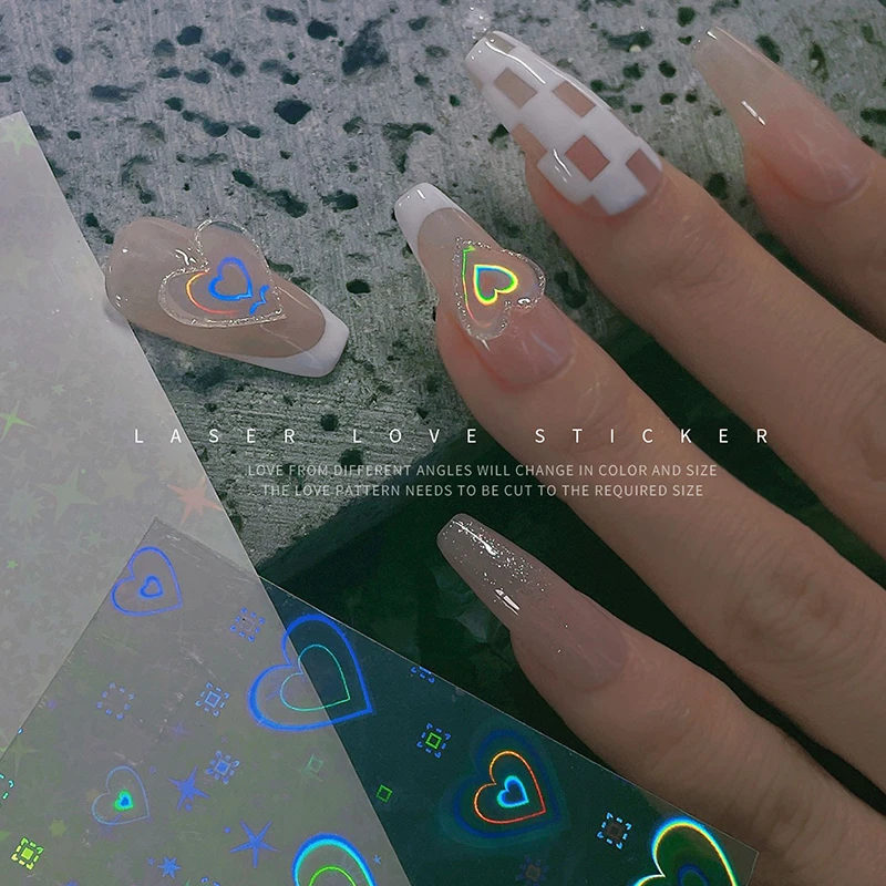 Aurora Laser Heart Nail Art Sticker Shiny Dynamic Gradient Love Star Pattern Glass Foil Film Adhesive decals Decoration 1PC |