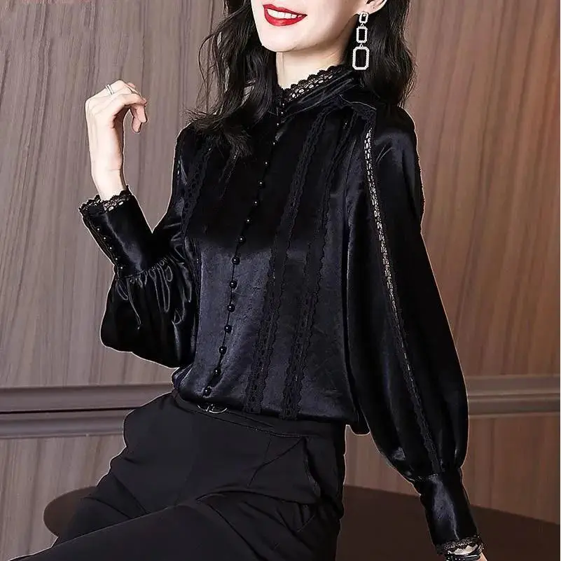 

Stand Collar Casual Blouse 2022 Spring Autumn Vintage Elegant Loose Women Clothing Lace Spliced Tops Puff Sleeve Shirt