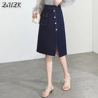 women denim skirt front split button pocket decorate spring autumn elastic high waist all match a line jeans skirt fashion