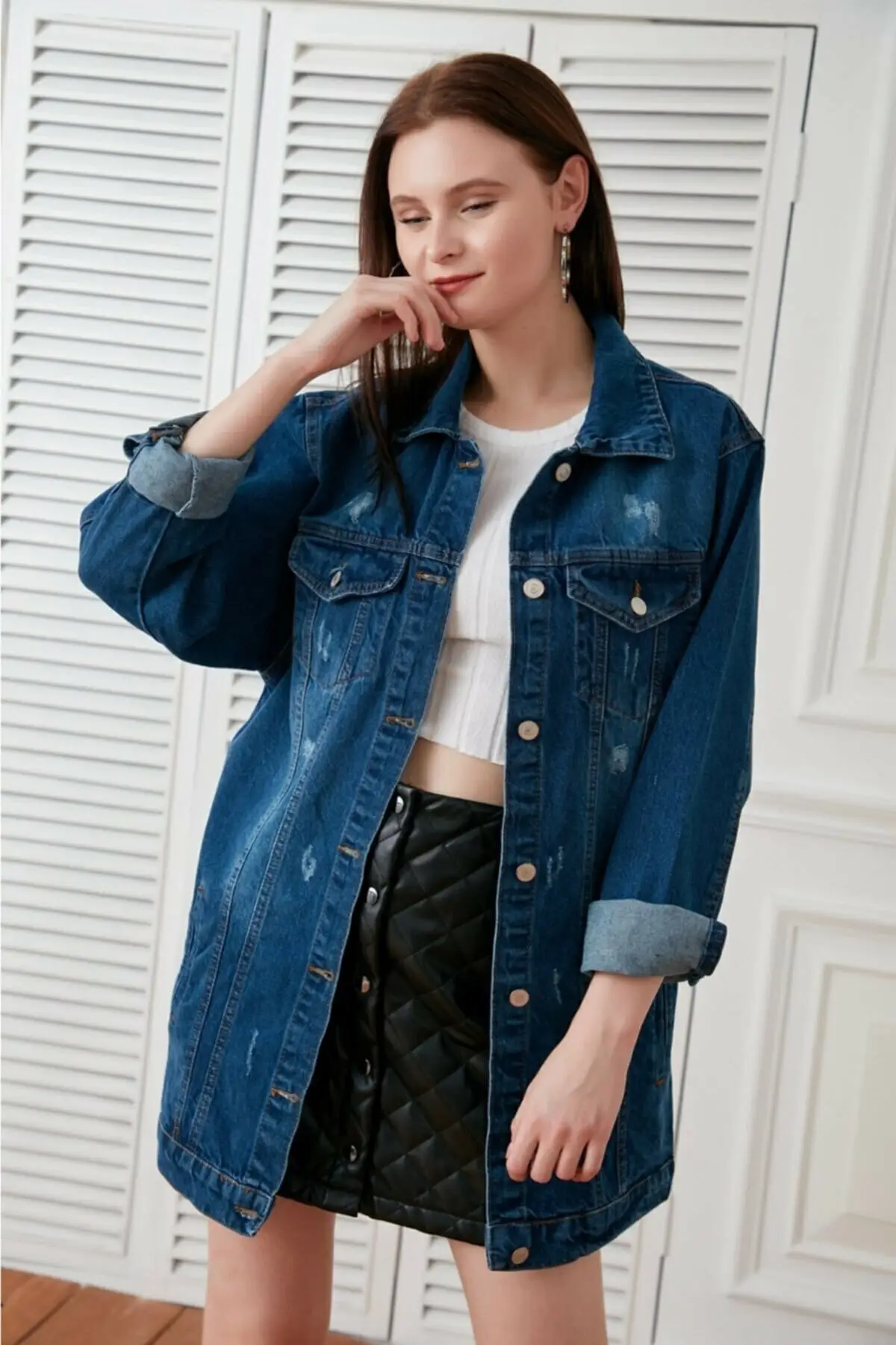 

Women's Fashion Denim Jacket Coat Navy Blue Boyfriend Jeans Jacket Denim