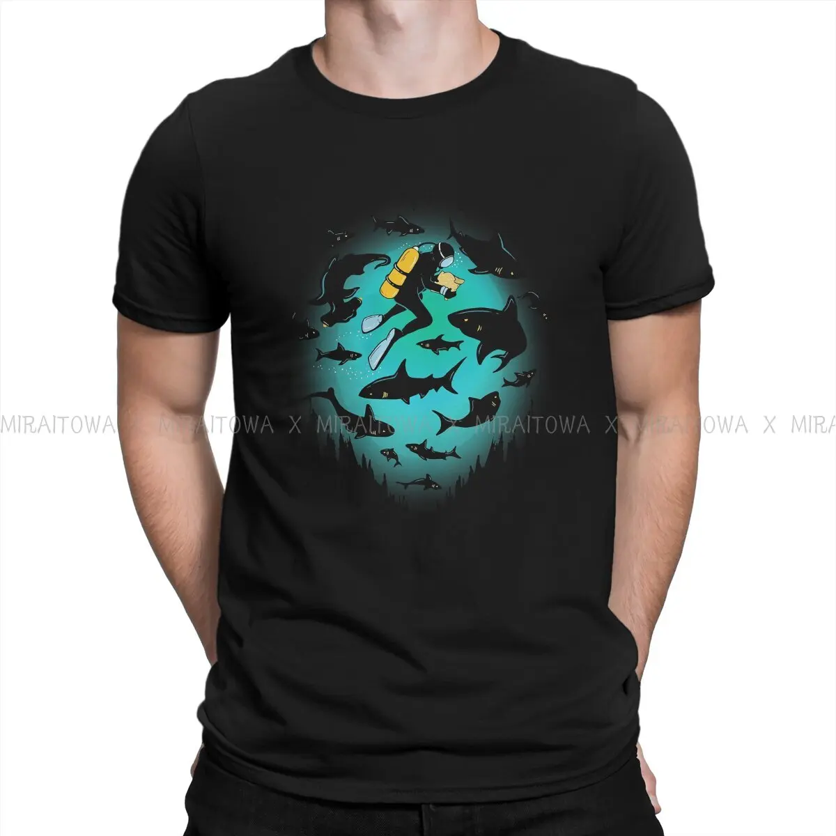 

Dive Scuba Diving Pure Cotton TShirt Screwed Shark and Diver Illustration Classic T Shirt Homme Men Tee Shirt Printing