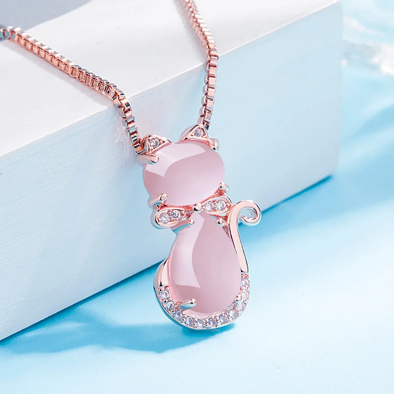

Copper Necklace Rose Gold Plated Creative Hibiscus Stone Powder Crystal Cat Women's Pendant Clavicle Chain Jewelry Pendant