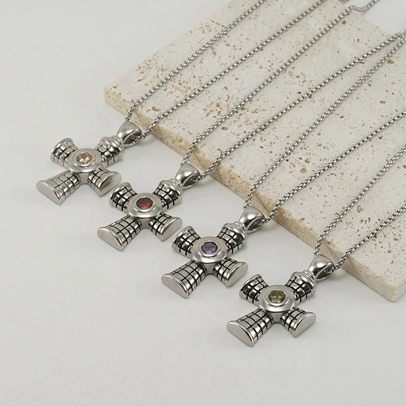 

Винтажное серебряное ожерелье с кулоном-крестом из нержавеющей стали с цирконом, ювелирные изделия для женщин и мужчин