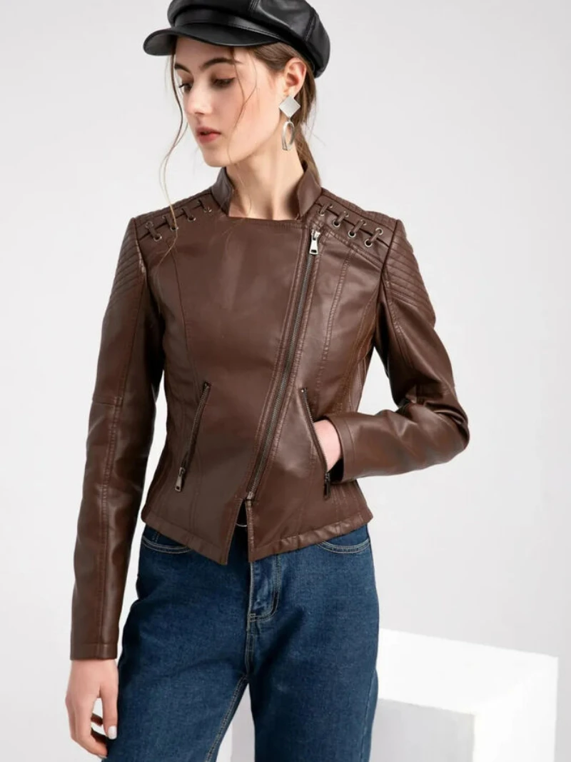 Lambskin Leather Jacket for Women Biker Brown Leather Coat Real Leather Jacket Women