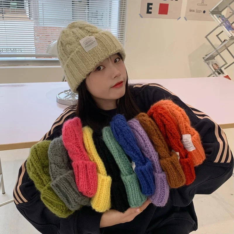 

2022 Spring Hat Women's Thick Knitted Wool Hat Autumn and Winter All-match Big Head Green Loose Ins Tide Beanies Skullies