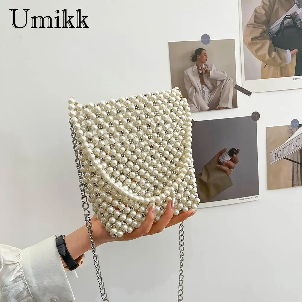 

Fashion Pearls Beaded Shoulder Bag Female Pearl Clutches Purse Handbag Elegant Lady Portable Drawstring Bucket Crossbody Bag New