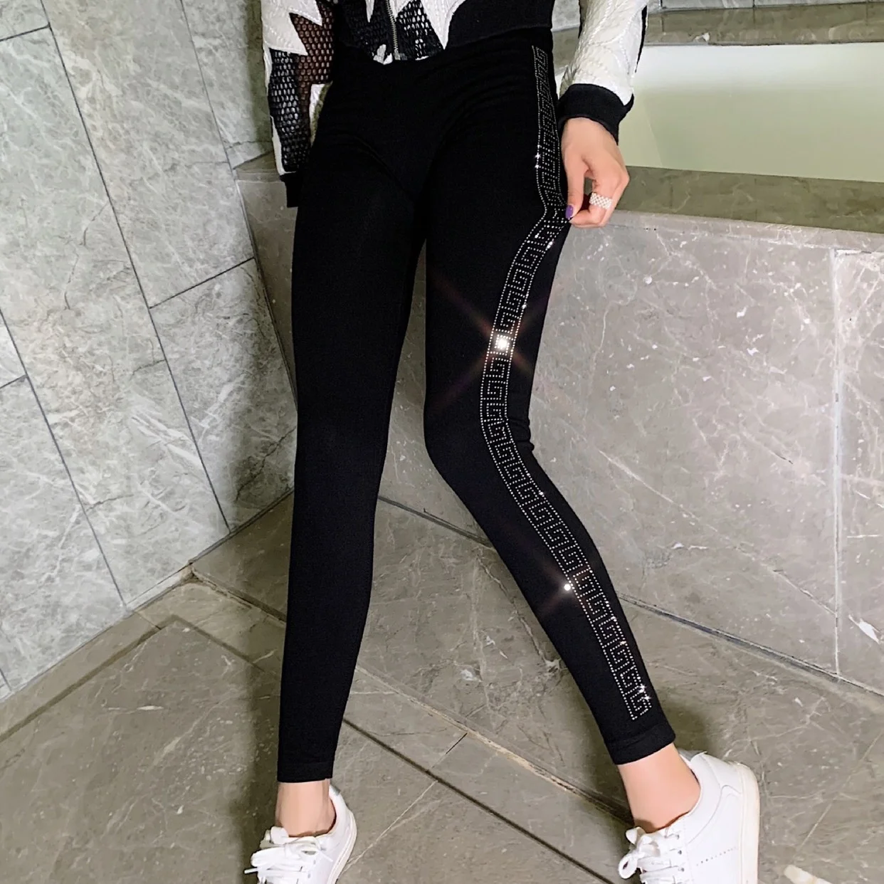 

Summer Spring Silver Sequin Women's Glitter Leggings Pants High Waist Elastic Black Bottoms Pencil Trousers