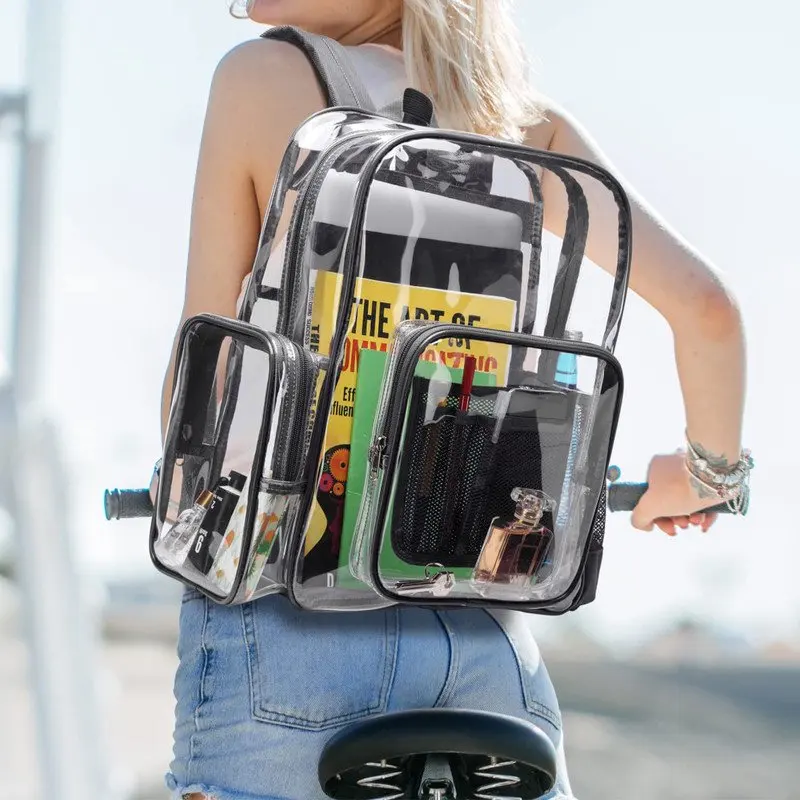 Large Clear Backpack Heavy Duty Stadium Approved School Bookbag Waterproof PVC Transparent Backpacks for Kids Adults Clear Bag w