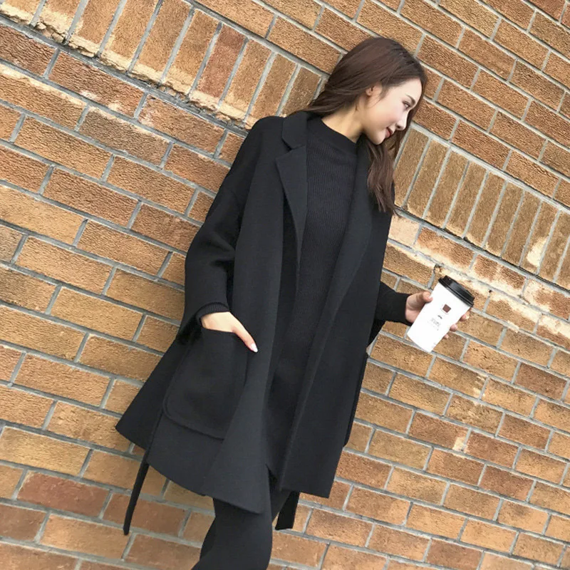 

Wool Blends Women Notched Black Autumn Winter Loose Fashion Belt Woolen Coats Chic Korean Style Trendy Femme New Stylish Casual