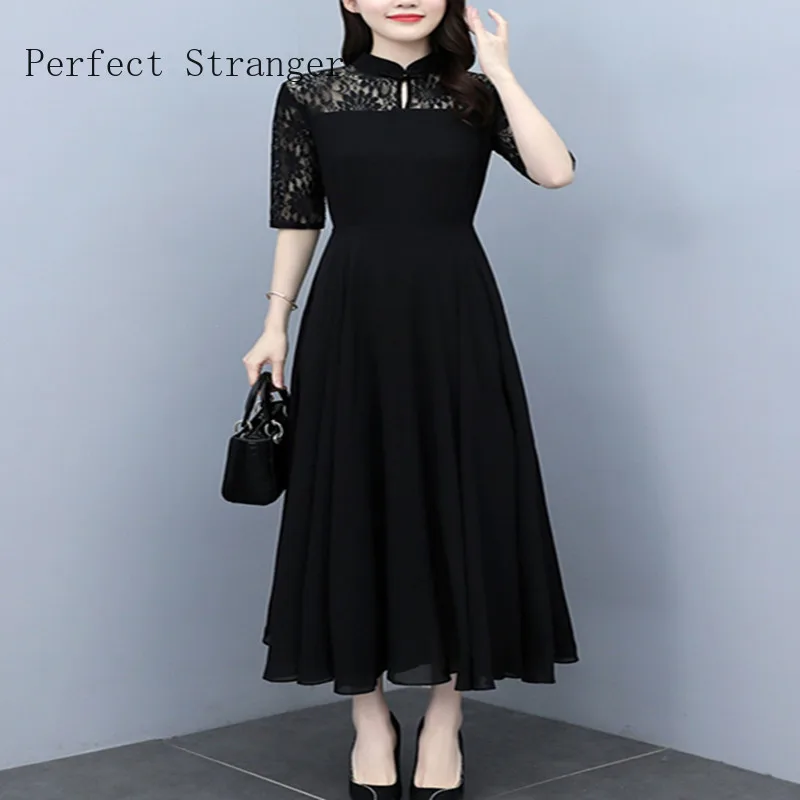 

2022 Women Dress Chiffon Floral Casual Stand Collar Summer Sukienka Ropa Mujer Robe Longue Femme Vestidos Lace Dress 5XL