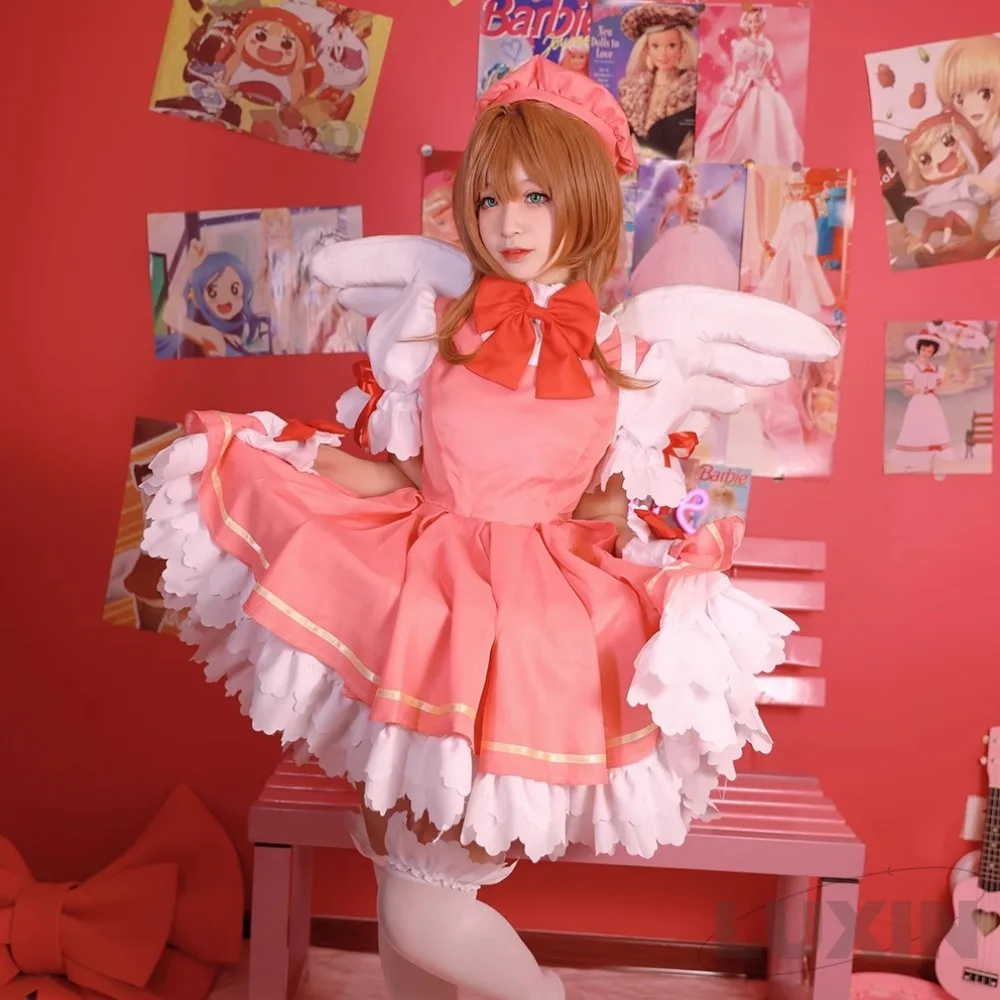

Костюм для косплея CCS Kinomoto Sakura из аниме кардкоптера Сакура, косплей, парик, розовое платье, наряды в виде крыльев, костюмы для косплея на Хэллоуин