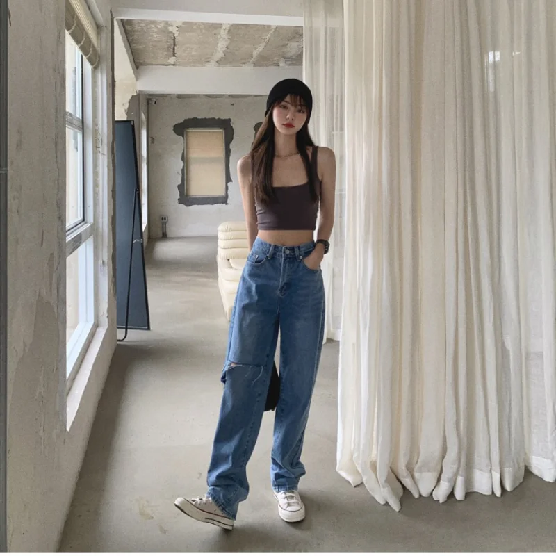 2021 New Summer Women High Waist Straight Jeans Street Style Casual Ripped Hole Jeans Female Blue Washed Loose Pop Denim Pants