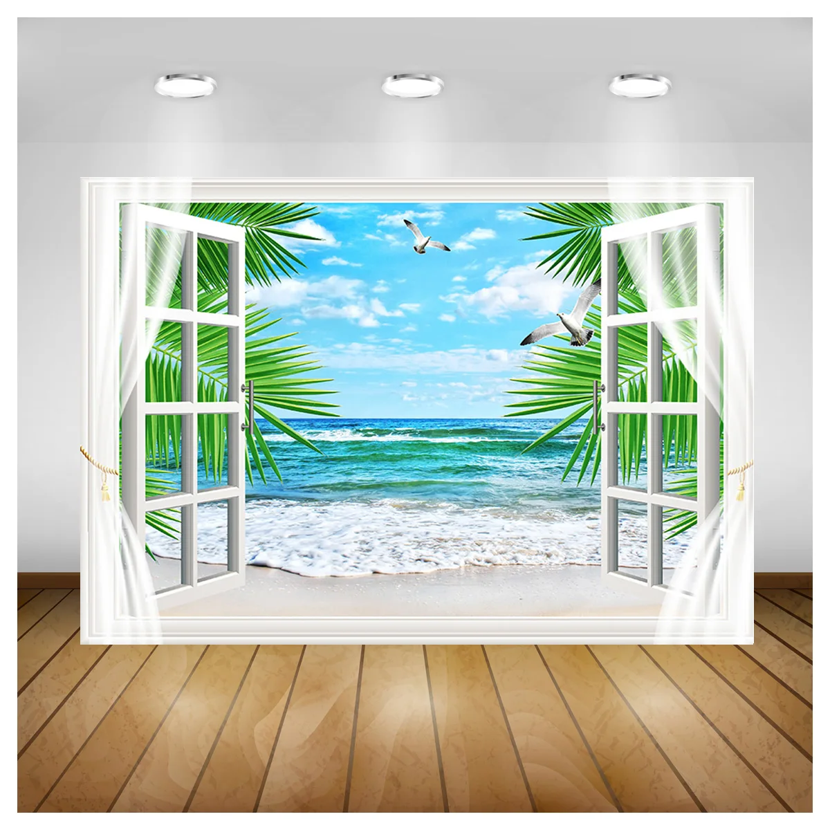 

SHUOZHIKE Window Beach Coconut Tree Photography Backdrops Props Scenery Mall Indoor Decoration Photo Studio Background HH-15