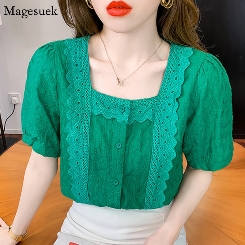 

Vintage Square Collar Lace Shirt Women Summer Casual Loose Short Sleeve Green Women Blouse Slim Elegant Flower Ladies Tops 15222