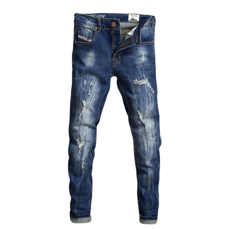 Streetwear Fashion Men Jeans Retro Blue Stretch Elastic Slim Fit Ripped Jeans Men Patched Designer Vintage Denim Pants Hombre