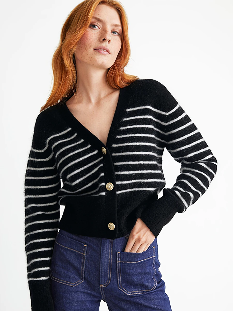 

Свитер женский в черную полоску, Свободный кардиган с длинным рукавом, V-образным вырезом, на пуговицах, винтажный элегантный зимний