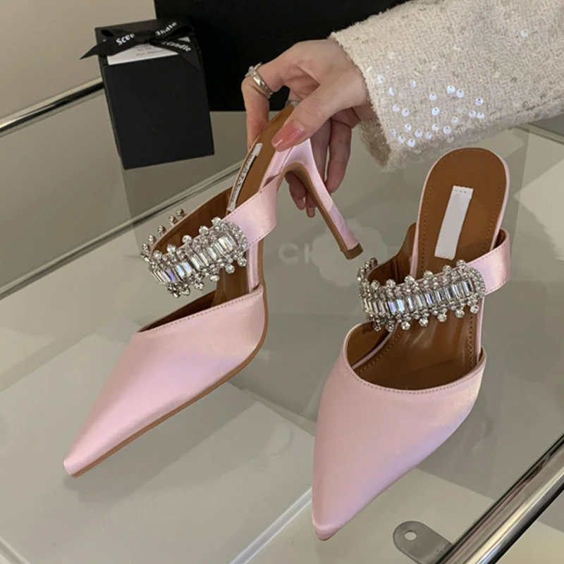

Rhinestones Satin Women Pumps Slippers Elegant Pointed Toe High Heels Lady Mules Sildes Summer Fashion Party Prom Shoes