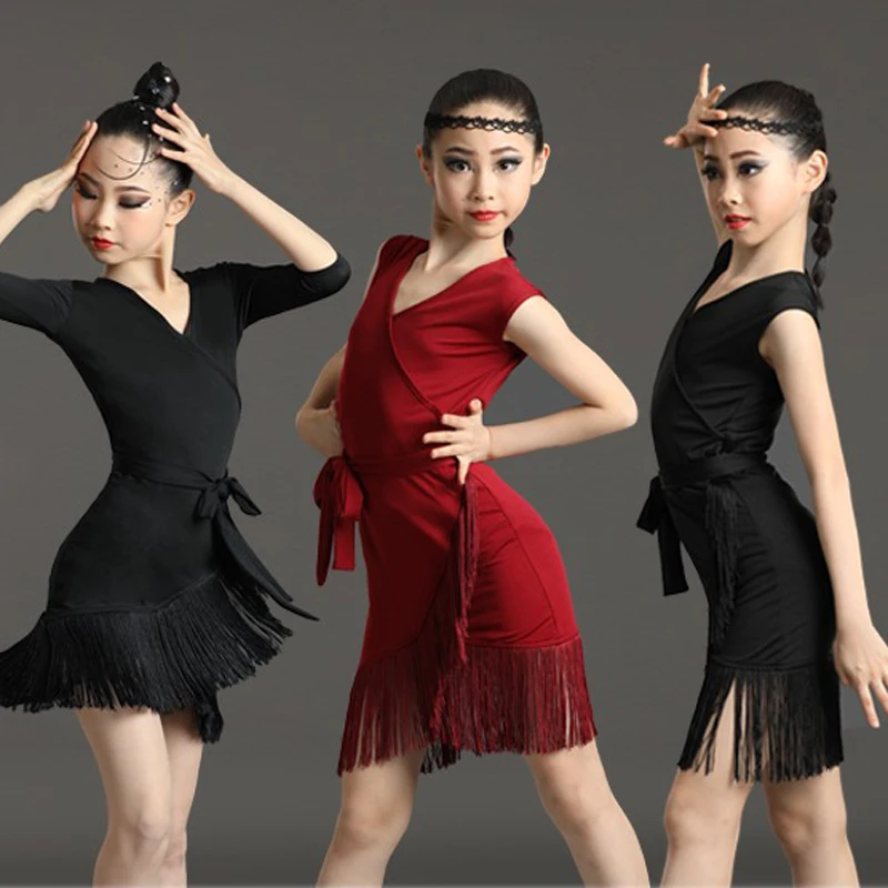 

120-180 Cm Kids Lady Short Sleeve Latin Dance Dress Red Black Slim Velvet Ballroom Competition Party Performance Costume
