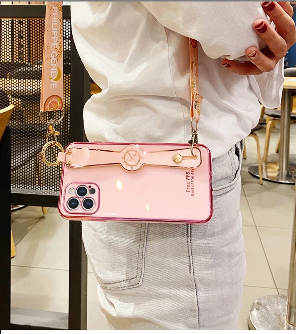 Wrist Strap Case for iPhone 7 8 Plus SE 2020 Case Silicone Cute Cartoon Holder Cover for iPhone X Xs 11 12 Mini Pro Max XR Coque