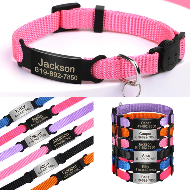 

Custom Quick Release Cat Collar Nylon Puppy Cat Collars with Bell Engraved Name ID Kitten Pink Necklace Pet Accessories for Cats